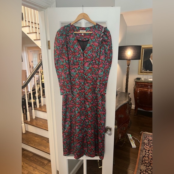 J.Crew Collection Drapey Puff Sleeve Dress Ratti Red Blooms Size 4 Maxi Sheath - Picture 2 of 16
